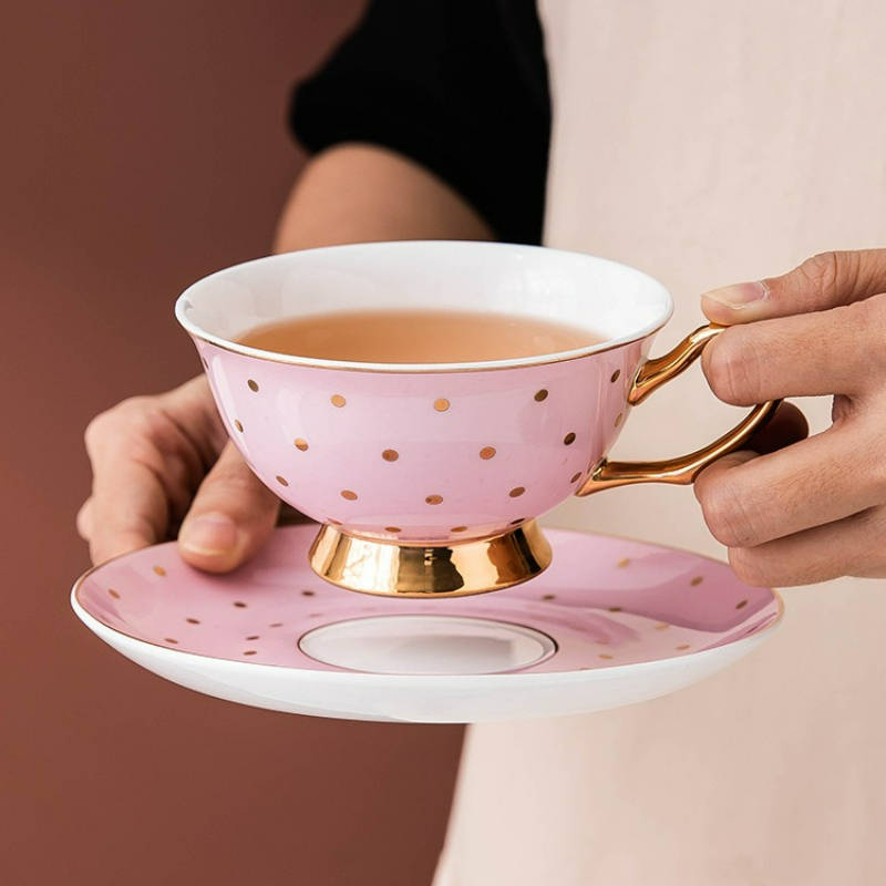 Coffee Tea Game - Ceramic Pink Coffee Mugs with Dish